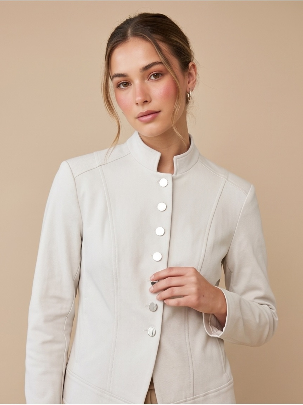Tristan Ivory Stand-Collar Button-Front Stretch Jacket